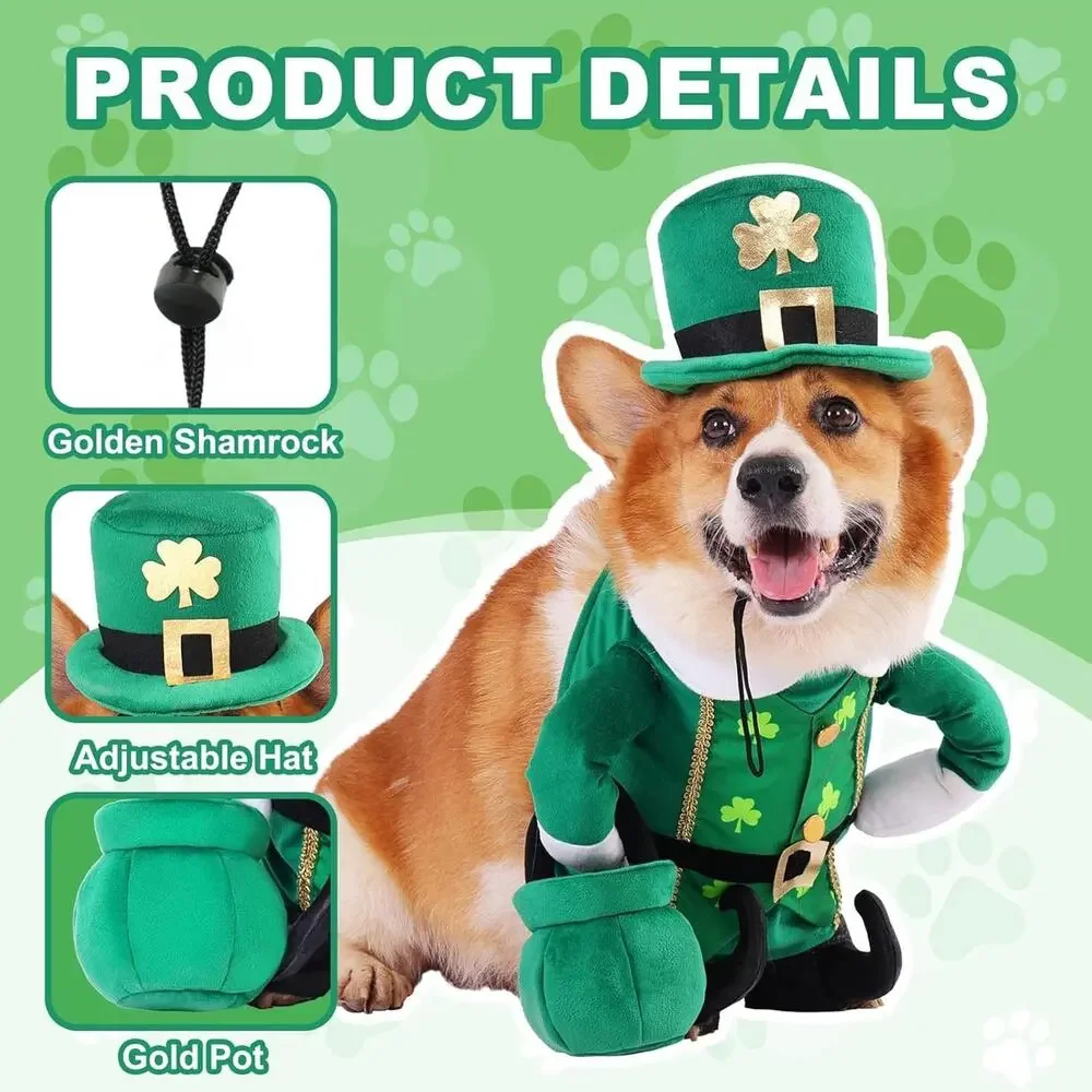 Leprechaun Dog Costume, 3 PCS Medium St Patrick’s Day Outfit w Hat & Gold Pot